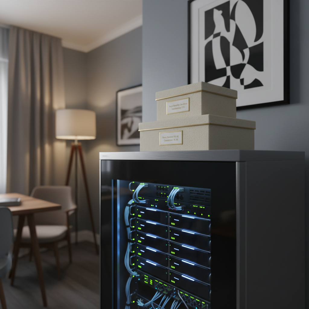A secure, modern server cabinet in a small, dedicated home office corner, its glass door revealing neatly arranged, softly glowing drives and network equipment. On top of the cabinet, three stacked archival-grade photo boxes with embossed labels hint at generations of the Kaya family, labels subtly out of focus. A framed, abstract black-and-white print, inspired by overlapping silhouettes, hangs on the wall above, representing family without showing real people. Cool, controlled LED lighting from within the cabinet contrasts with the gentle, warm spill of a floor lamp, creating a balanced, professional yet homely ambiance. Shot from a low, three-quarter angle in crisp photographic realism, the image conveys secure storage, reliable backup, and the long-term preservation of private family memories.
