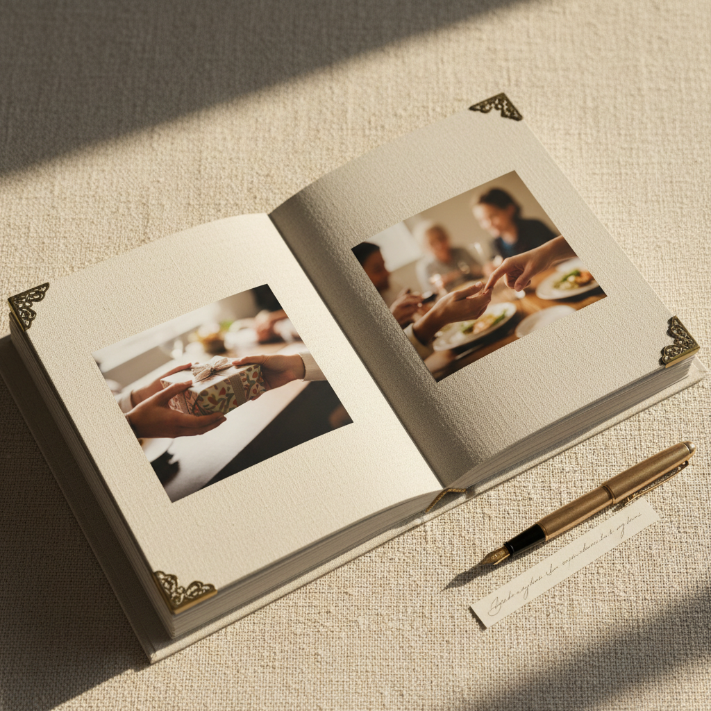An open, high-quality linen photo album lying on a textured cream tablecloth, pages thick and slightly textured, corner protectors in antique gold. The visible photographs show only hands exchanging a wrapped gift, a close-up of intertwined fingers, and a blurred background of what might be a family dinner, no faces in focus. A vintage fountain pen and a narrow strip of handwritten captions, slightly out of focus, rest nearby, hinting at stories and histories. Warm golden hour light bathes the scene, casting elongated, elegant shadows. Shot overhead with a gentle vignette and subtle depth, the mood is intimate, nostalgic, and sophisticated, emphasizing private family narratives preserved with care.