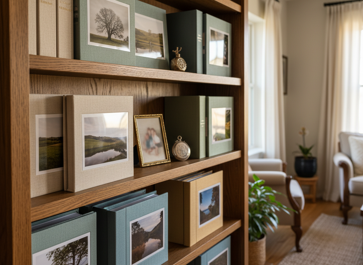 A meticulously arranged wooden bookshelf in a cozy living room, each shelf holding elegant photo albums with linen covers in muted earth tones, some slightly open to reveal glossy prints of serene landscapes and symbolic family heirlooms instead of people. A small brass frame on the middle shelf displays a softly blurred photograph hinting at a family gathering, faces indistinct and abstract. Gentle late-afternoon sunlight filters through sheer curtains, casting refined, warm highlights on the book spines and polished wood. Shot at eye level with a shallow depth of field, the foreground albums are crisp while the background dissolves into a soft bokeh, creating a sophisticated, private, members-only atmosphere in photographic realism.